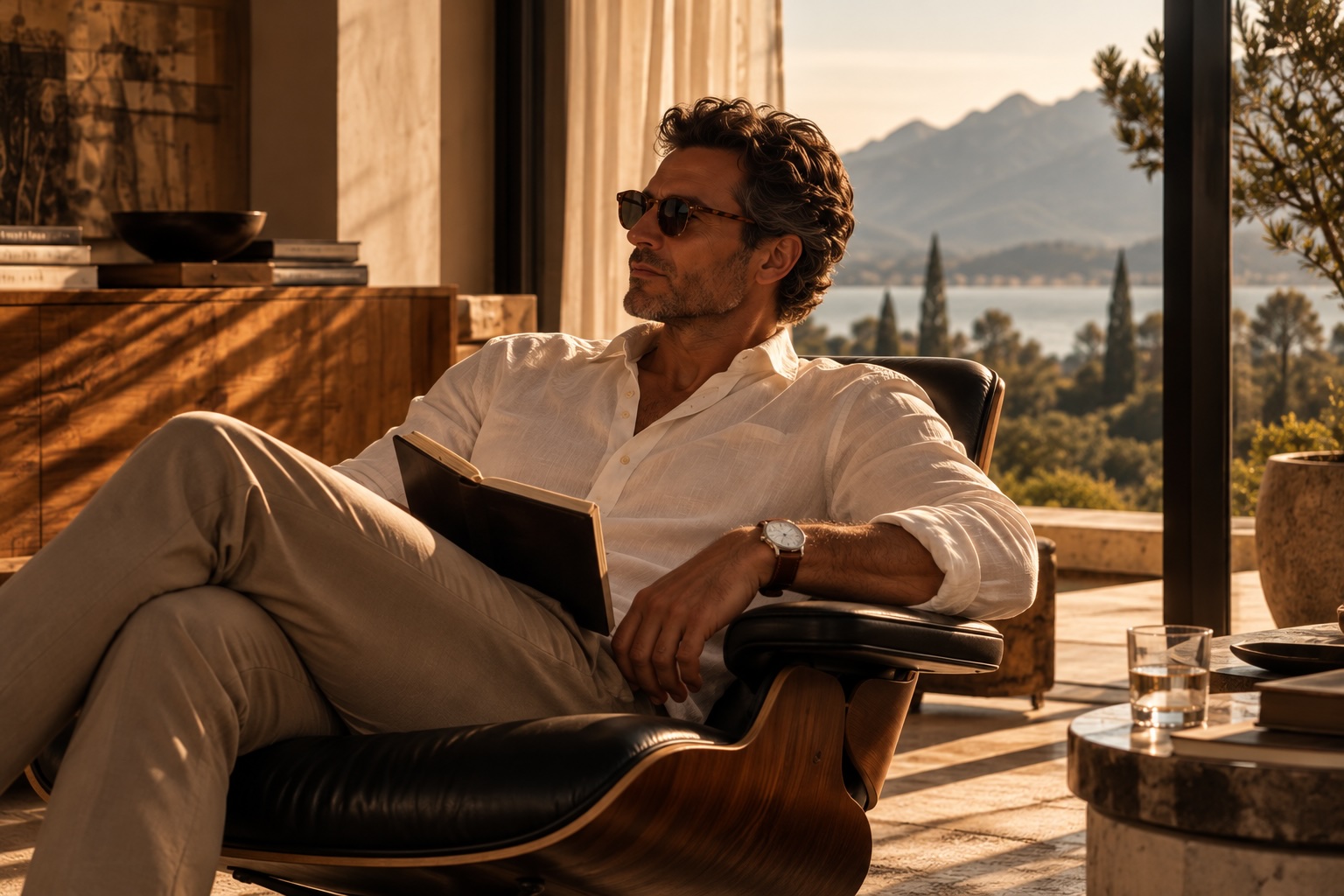 Luxury watch on the wrist by a lake
